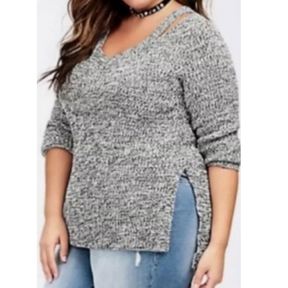 Torrid Heathered Grey Black Split Neck Pullover Knit Sweater 3X Plus Relaxed Fit